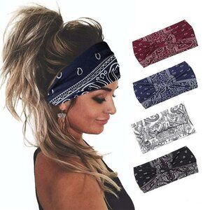 Boho Wide Headbands – Black Stretch Turbans, 4-Pack